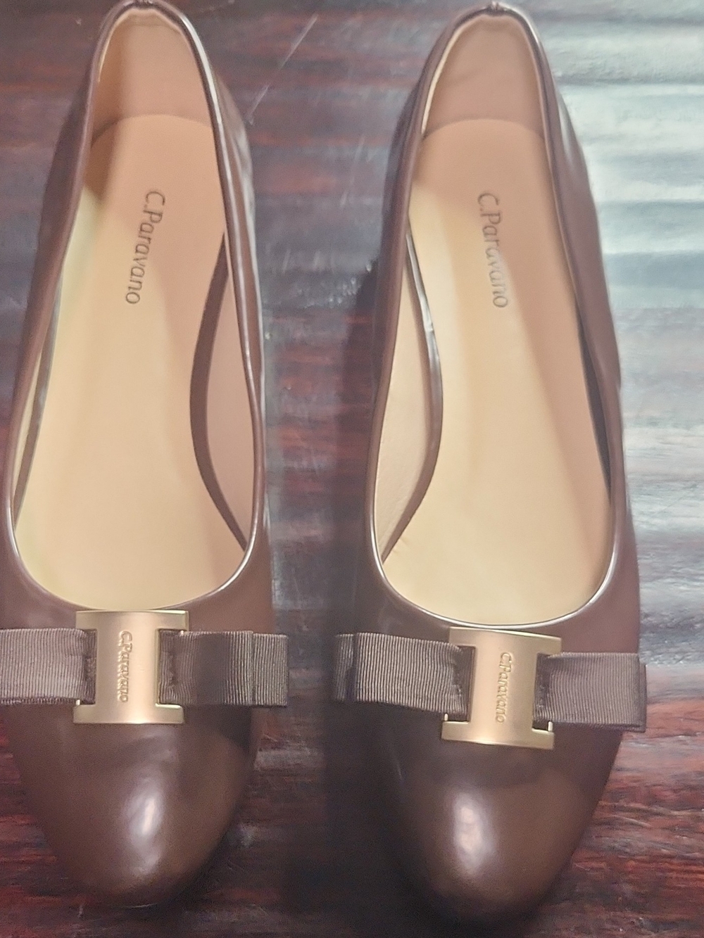C. Panavono Brown Leather Bow-Topped Flats with Gold Accent